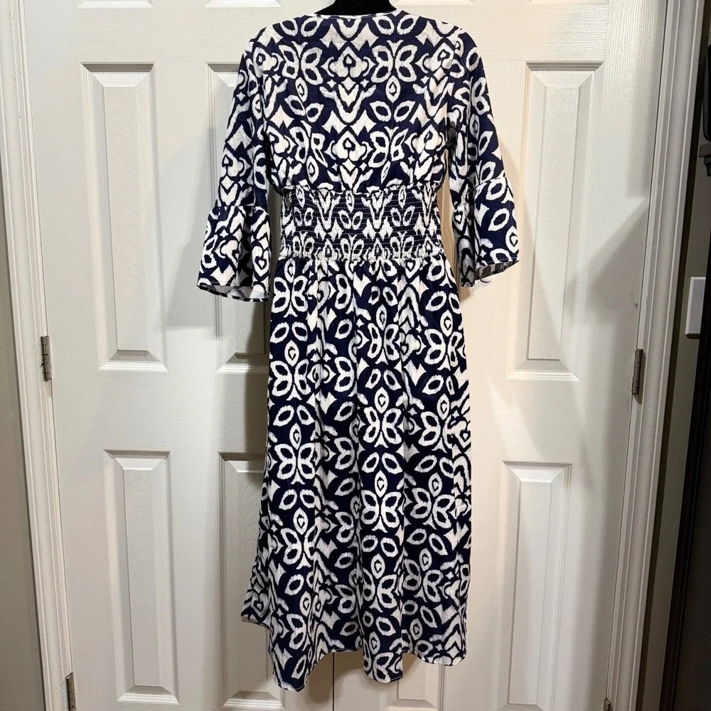 Blue White Ikat Print Midi Dress Smocked Waist V-Neck Bell‎ Sleeve Boho Womens M